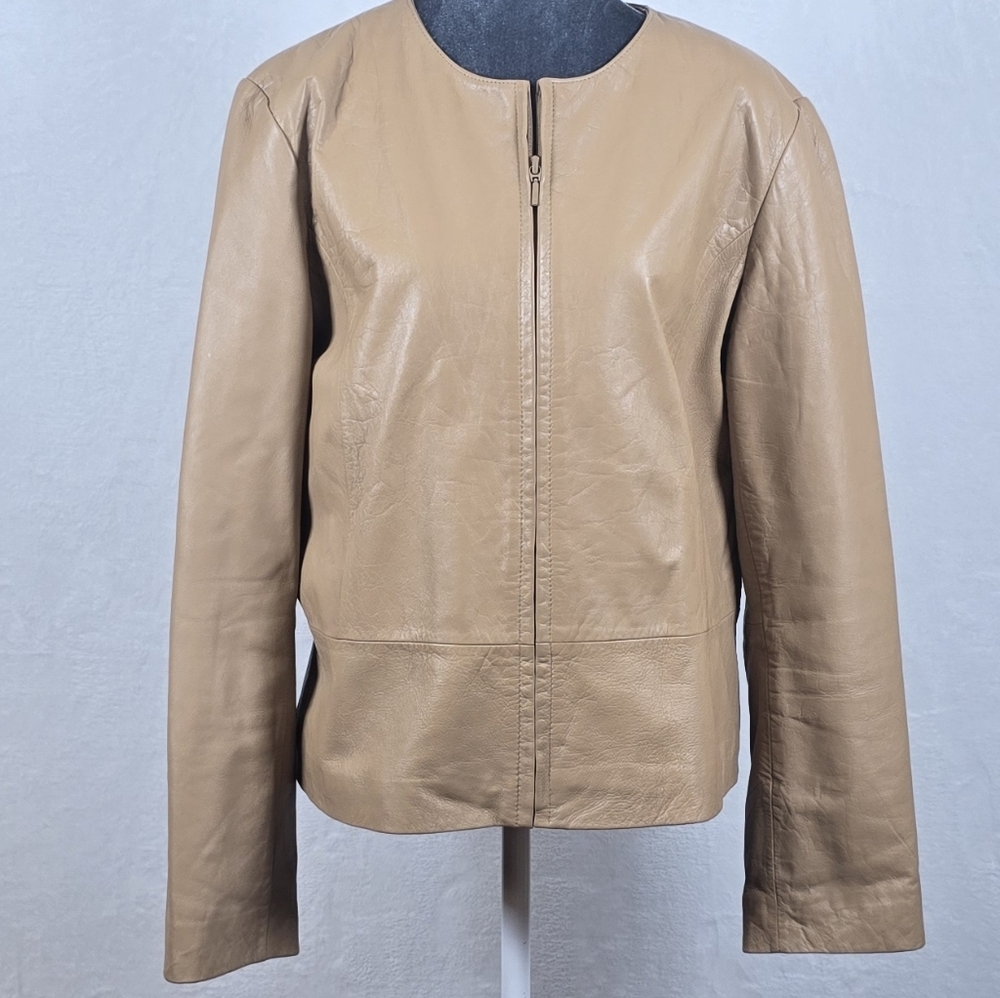 Yvonne Le Marie Nude Lambskin Leather Moto Zip Jacket Quiet Luxury Blazer Sz. 14